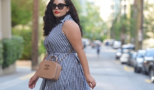 Tanesha Awasthi (formerly Girl with Curves) wearing a gingham shirtdress in Vancouver.
