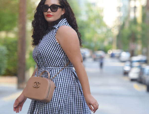 Tanesha Awasthi (formerly Girl with Curves) wearing a gingham shirtdress in Vancouver.