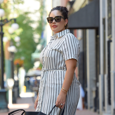 Tanesha Awasthi (formerly known as Girl with Curves) wearing a stripe shirtdress in downtown Vancouver.