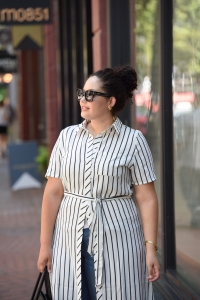 Tanesha Awasthi (formerly known as Girl with Curves) wearing a stripe shirtdress in downtown Vancouver.