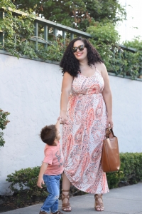 Tanesha Awasthi (formerly known as Girl with Curves) wearing a Paisley print maxi dress, cognac tote bag in the San Francisco Bay Area.