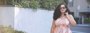 Tanesha Awasthi (formerly known as Girl with Curves) wearing a plus size paisley print maxi dress