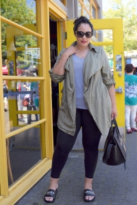 Tanesha Awasthi (formerly known as Girl with Curves) wearing a Waterfall Utility Jacket Adidas Sandals, Leggings and Celine Phantom bag.