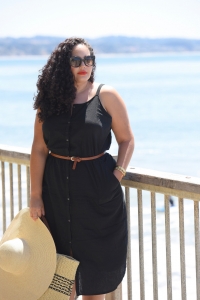 Tanesha Awasthi (formerly known as Girl with Curves) wearing a belted shirtdress in Capitola.