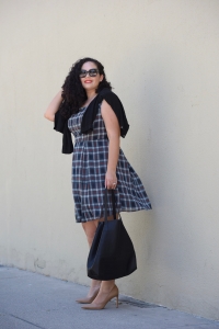 Tanesha Awasthi (formerly known as Girl with Curves) wearing a plaid dress and nude pumps as officewear in downtown San Jose, CA.