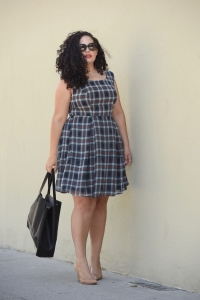 Tanesha Awasthi (formerly known as Girl with Curves) wearing a plaid dress and nude pumps as officewear in downtown San Jose, CA.