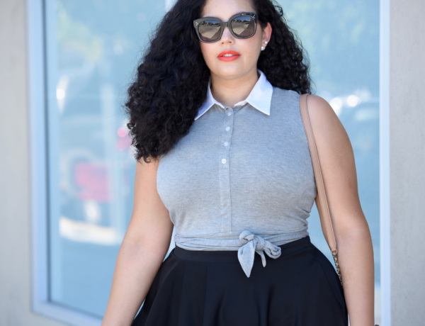 Tanesha Awasthi, also known as Girl With Curves, wearing a tie-waist crop top and midi skirt.