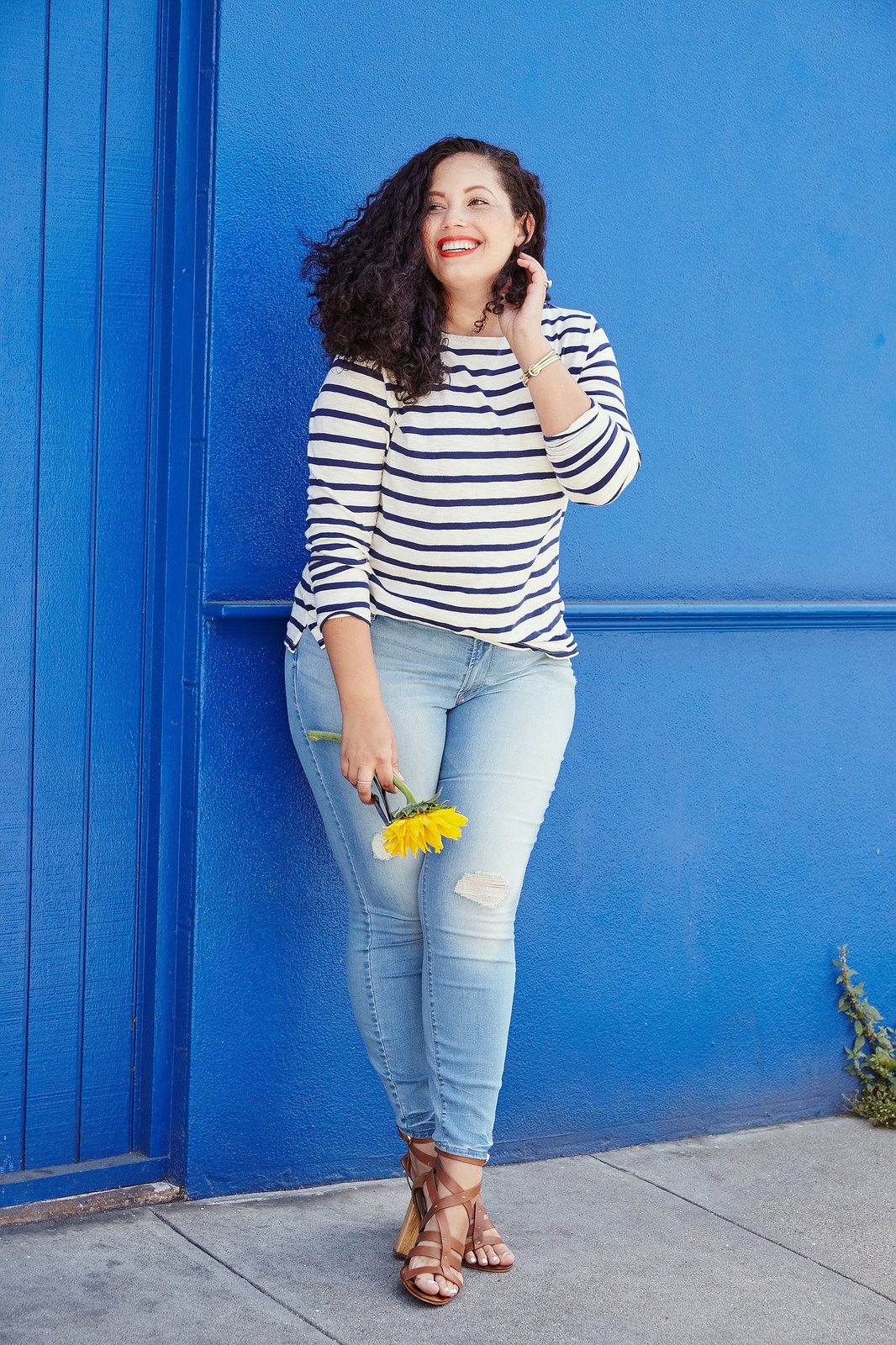 Tanesha Awasthi (also known as Girl With Curves) stars in Old Navy denim campaign wearing a stripe tee and skinny jeans in San Francisco, CA.