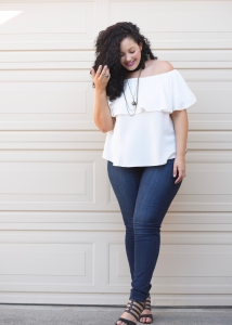 Off Shoulder Top, Jeans and layered Chocker Necklaces worn by Tanesha Awasthi, founder of Girl With Curves