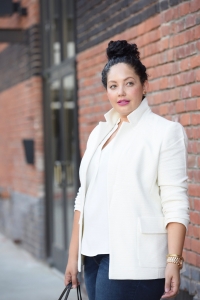 White blazer worn by Tanesha Awasthi, also known as Girl With Curves.