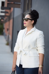 White blazer and Celine Audrey sunglasses worn by Tanesha Awasthi, also known as Girl With Curves.