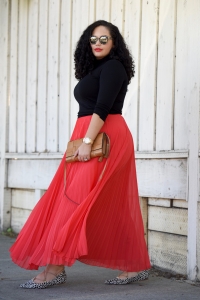 Red Maxi Skirt, turtleneck and animal print flats, worn by tanesha Awasthi of Girl With Curves