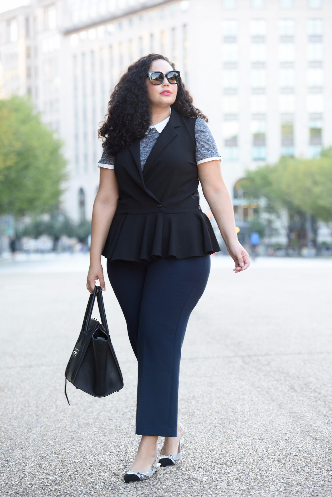 Peplum vest, collared blouse, wide leg cropped pants, slingback flats and Celine Phantom worn by Tanesha Awasthi of Girl With Curves.