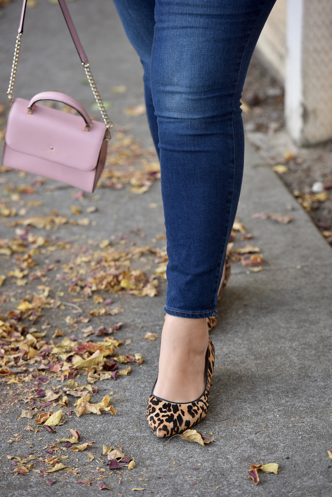 Girl With Curves blogger Tanesha Awasthi wears skinny jeans, a pink bag and leopard flats.