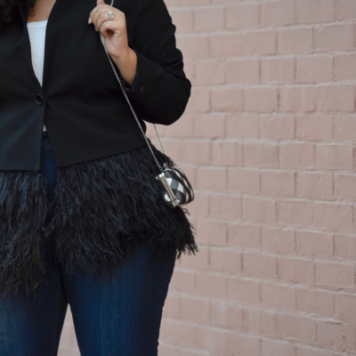 Feather blazer worn by Girl With Curves blogger Tanesha Awasthi