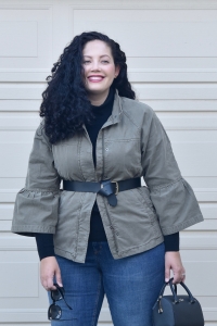 Girl With Curves blogger Tanesha Awasthi wears a belted utility jacket.