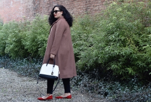 Girl With Curves featuring brown vintage inspired trapeze coat from Asos and red flats from J Crew.