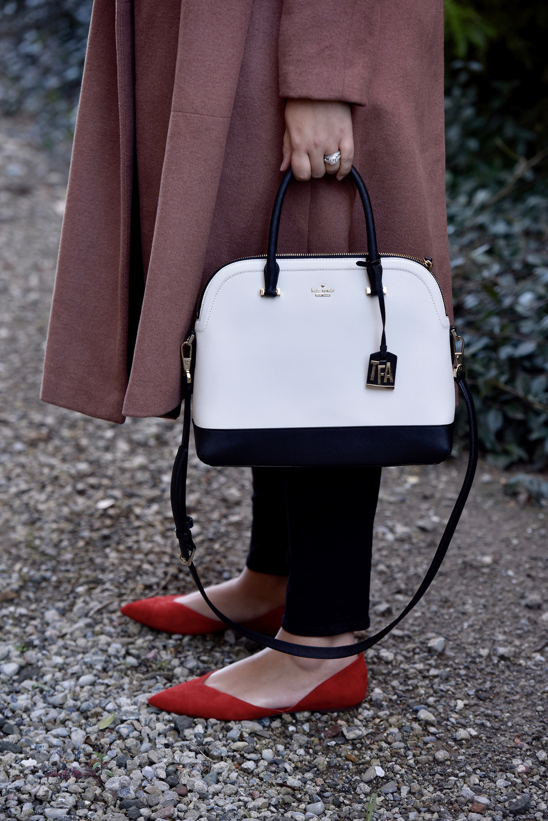 Girl With Curves featuring black and white Kate Spade bag and red flats from J Crew.