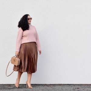 Girl With Curves blogger Tanesha Awasthi wearing a Satin Skirt Trend.