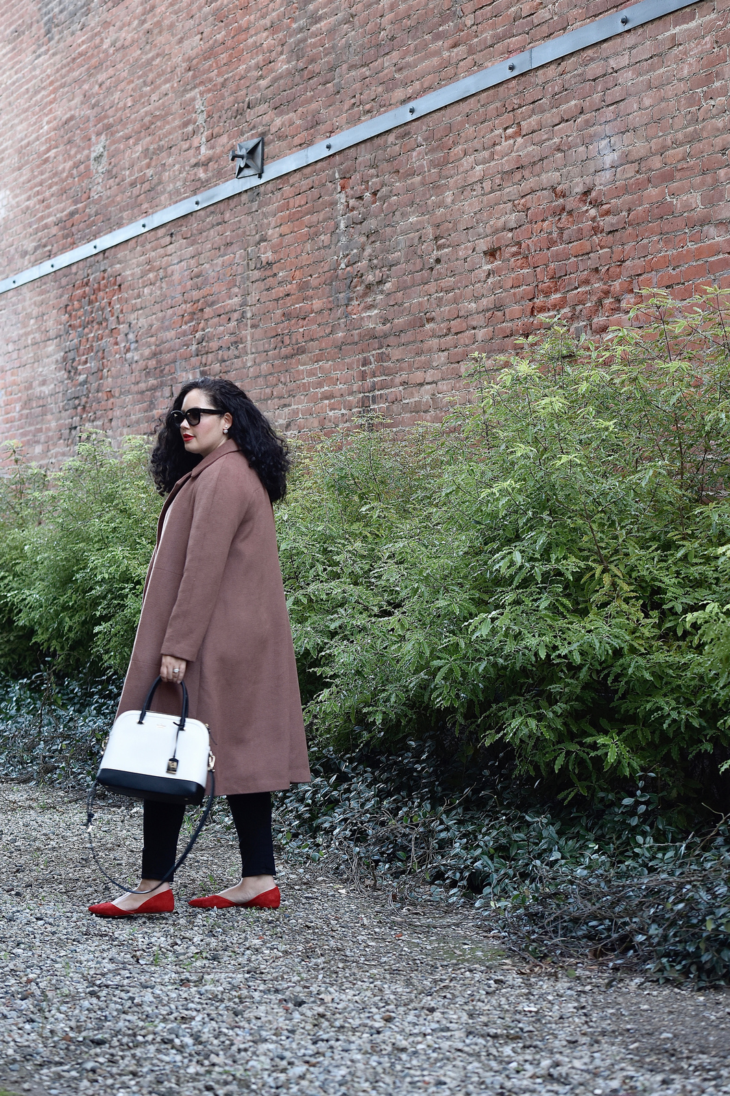 Girl With Curves featuring brown vintage inspired trapeze coat from Asos and red flats from J Crew.