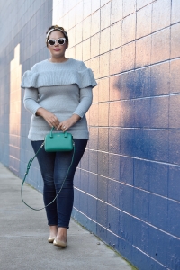 Girl With Curves featuring a ruffle sweater from Asos, bag from Kate Spade, jeans from Old Navy and white sunglasses.
