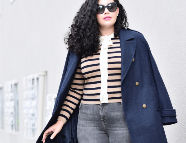 Girl With Curves featuring Navy Peacoat from Old Navy, Cardigan from J Crew, Gray Jeans from Old Navy, and cat eye sunglasses from Chanel.