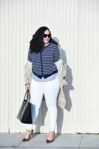 Girl with Curves featuring Trench Coat, Stripe Tunic, Stripe Cardigan, and White Jeans from Old Navy.