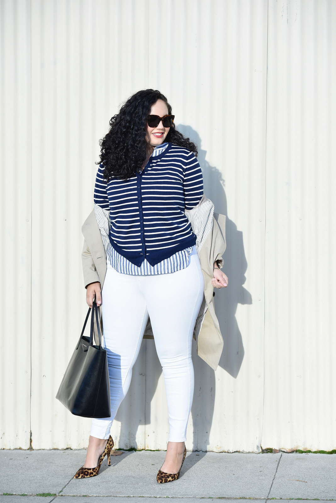 Girl with Curves featuring Trench Coat, Stripe Tunic, Stripe Cardigan, and White Jeans from Old Navy.
