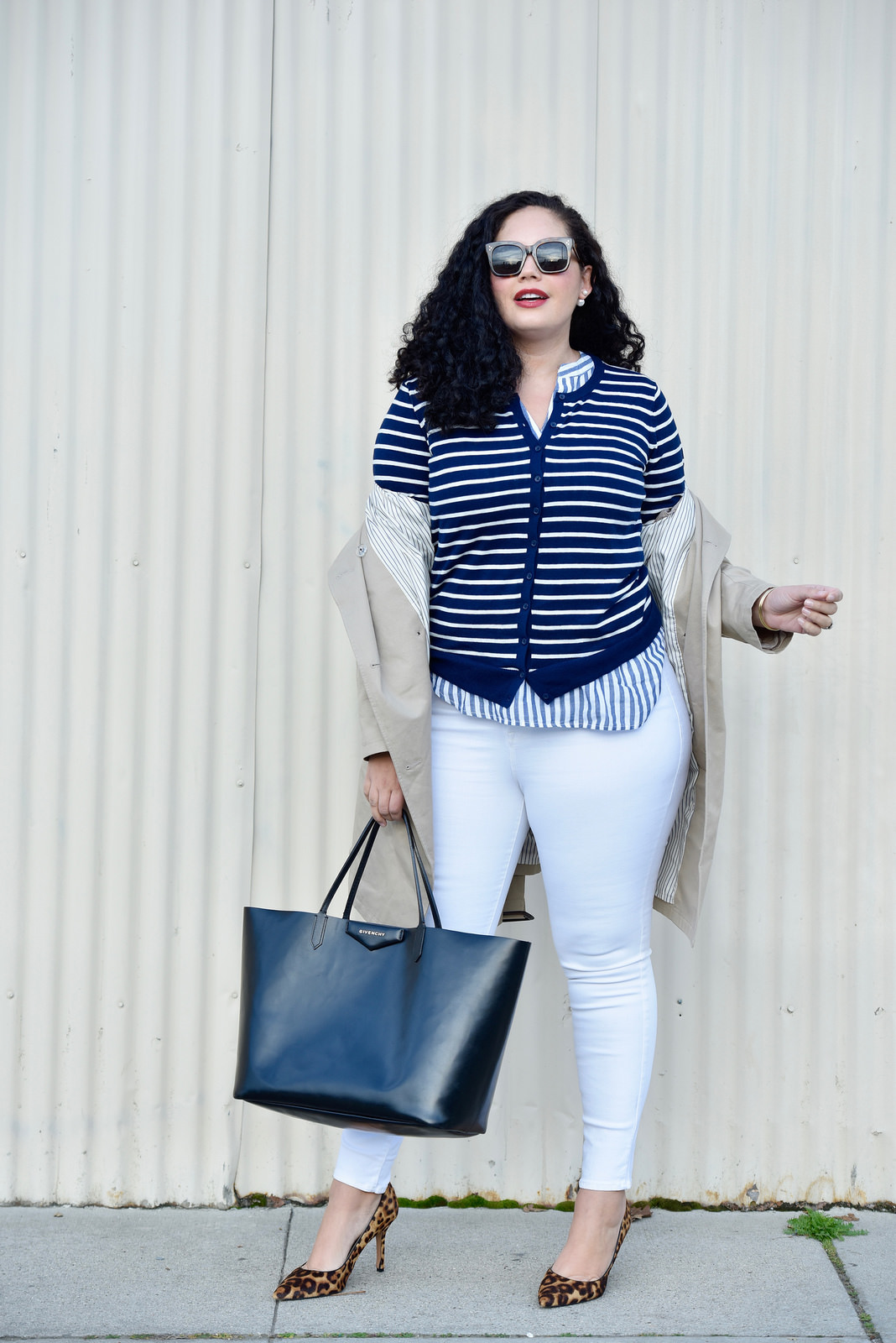 Girl with Curves featuring Trench Coat, Stripe Tunic, Stripe Cardigan, and White Jeans from Old Navy. and leopard pumps