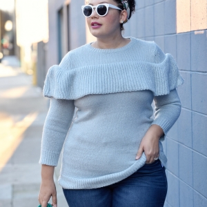 Girl With Curves featuring a ruffle sweater from Asos and white sunglasses.
