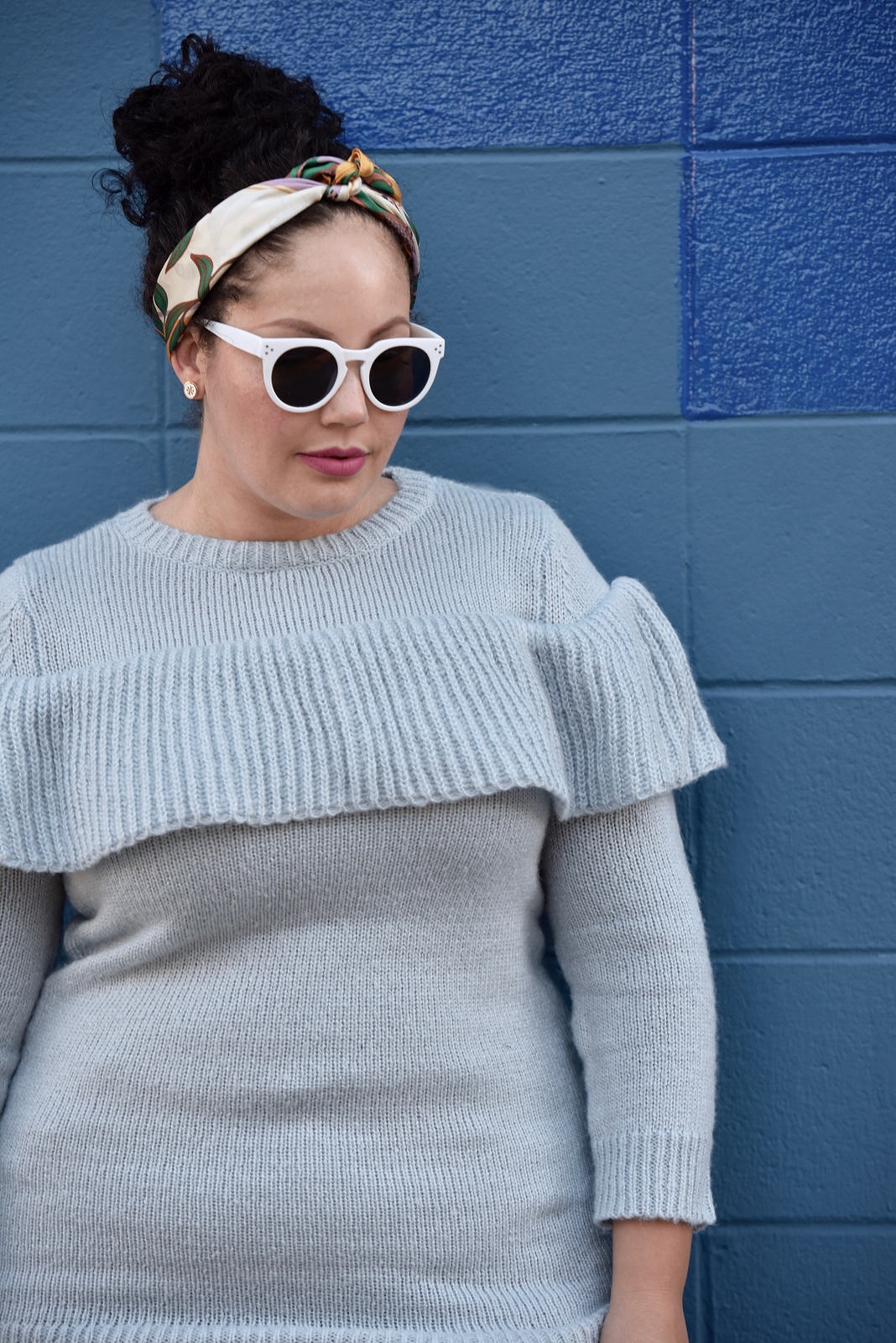 Girl With Curves featuring a ruffle sweater from Asos and white sunglasses.