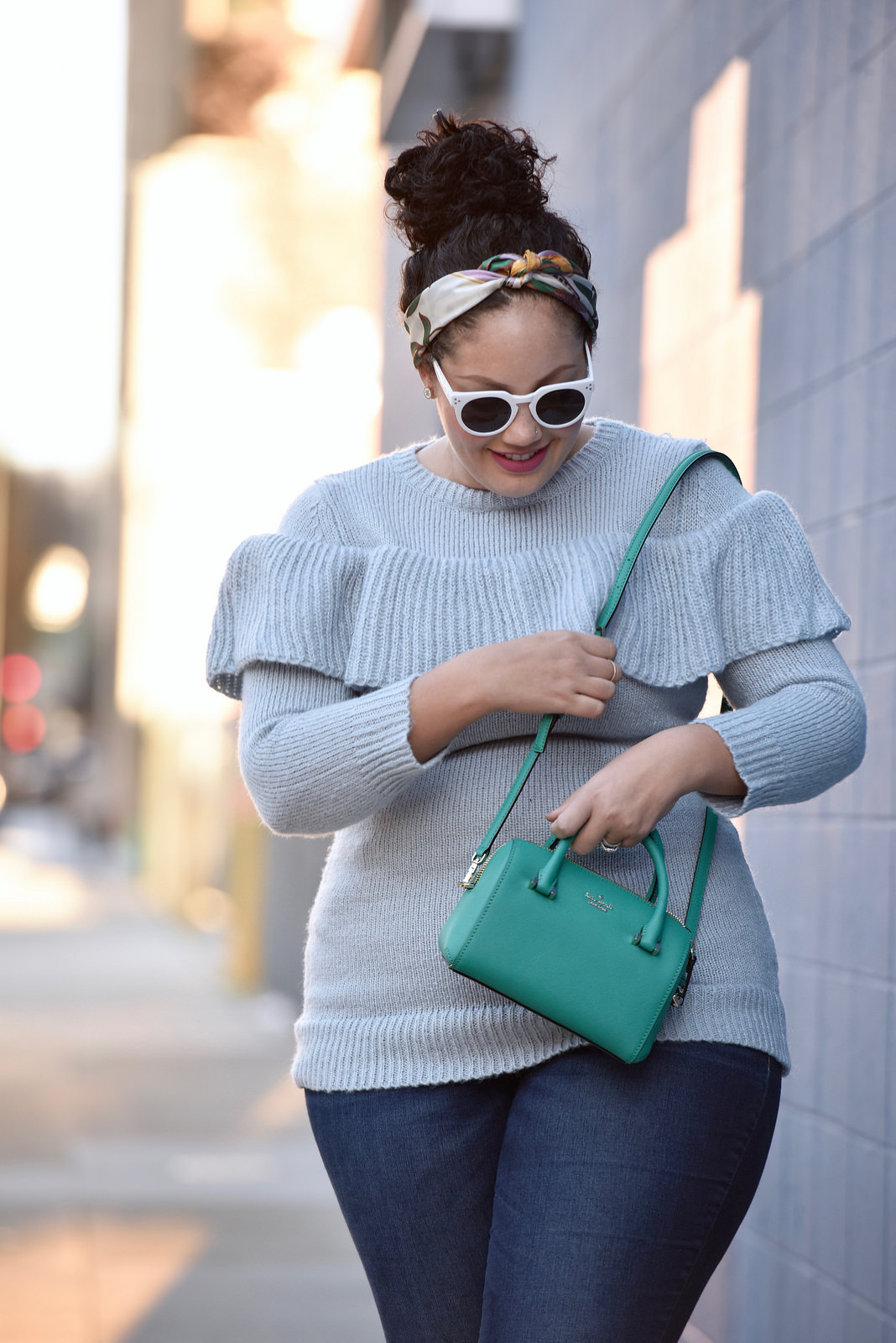 Girl With Curves featuring a ruffle sweater from Asos, bag from Kate Spade, jeans from Old Navy and white sunglasses.