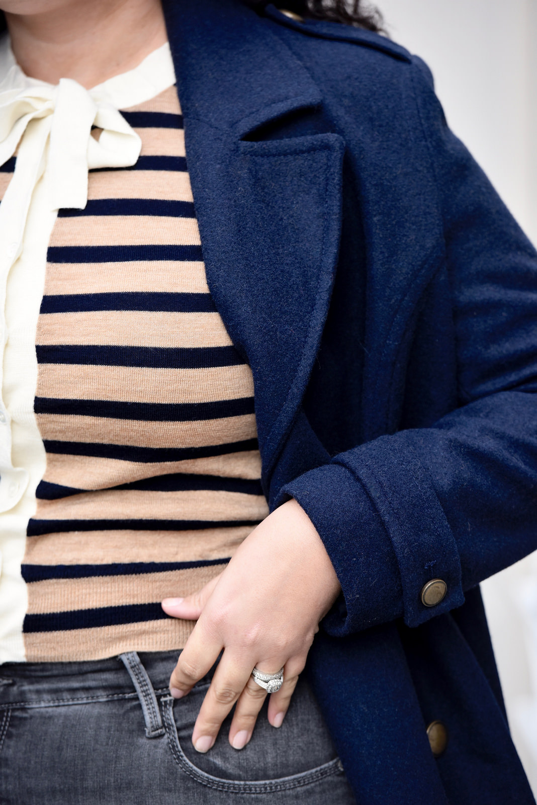 Girl With Curves featuring Navy Peacoat from Old Navy, Cardigan from J Crew, and Gray Jeans from Old Navy.