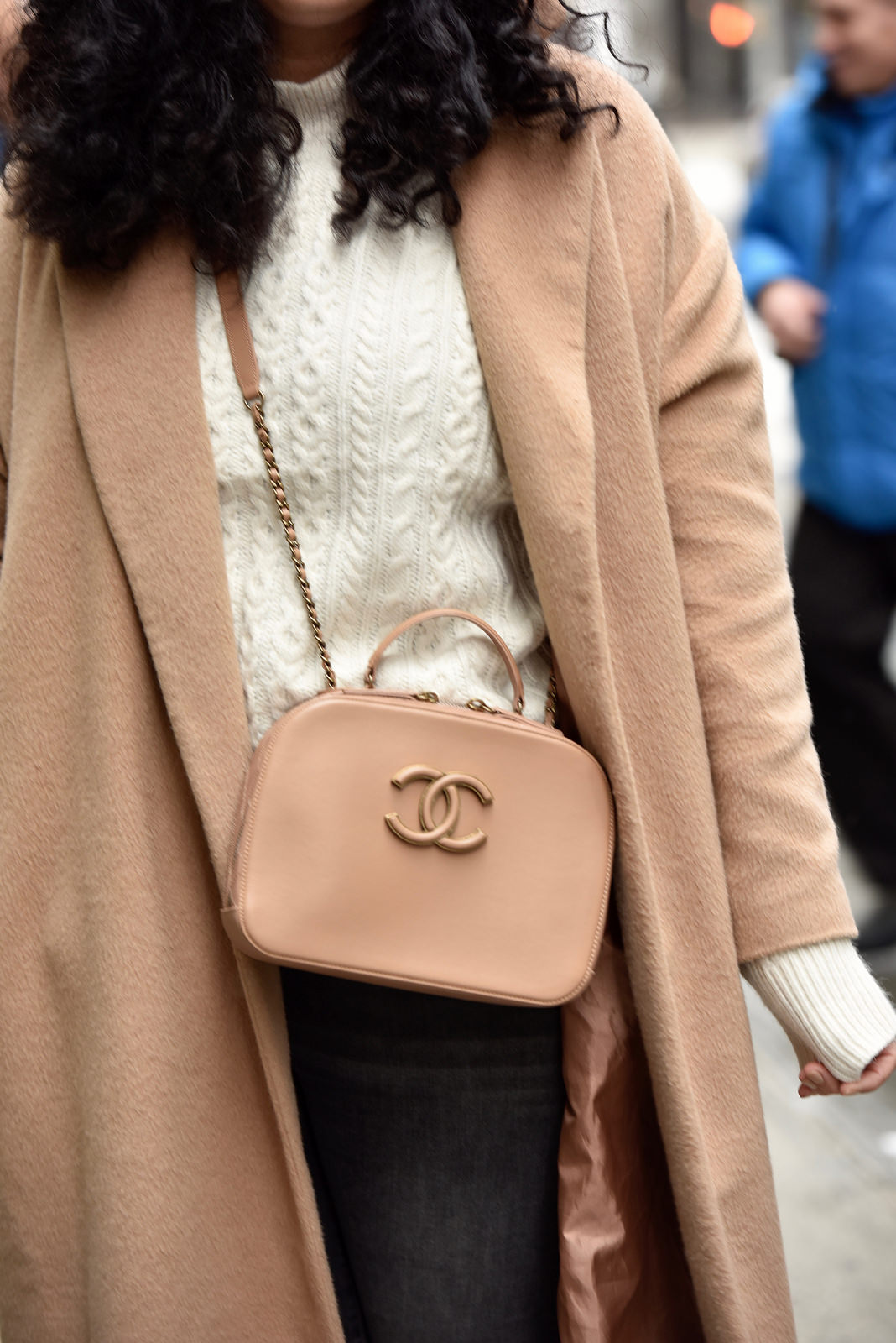 Girl with Curves featuring a camel coat from Asos, white sweater from Asos, and handbag from chanel