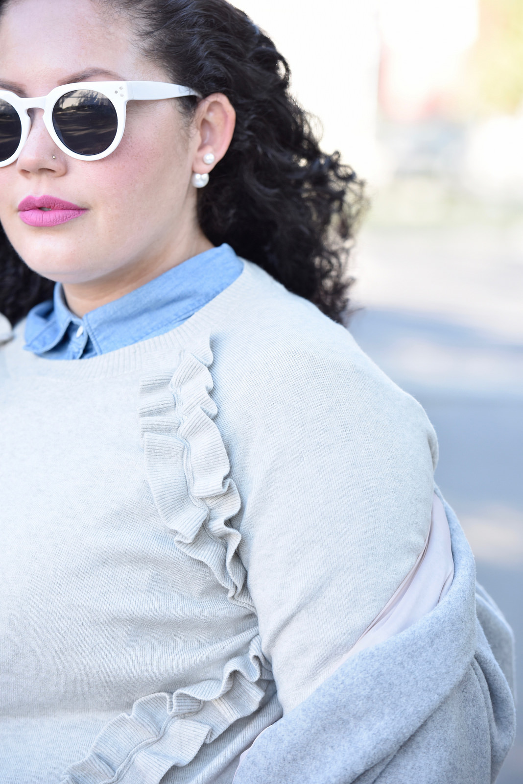 Girl With Curves featuring a chambray button down from old Navy, Ruffle Sweater from Asos and white sunglasses from Asos.