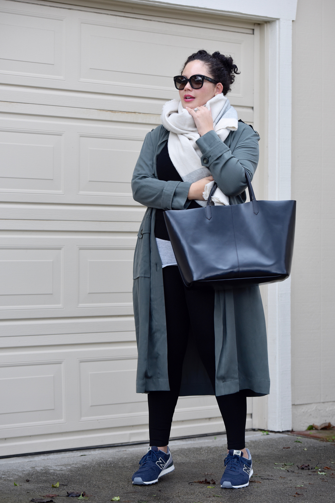 Girl With Curves featuring Trench coat from Asos, Turtleneck from Forever 21, Scarf from Zara, Shoes from New Balance, leggings from Lysse,Sunglasses from Celine, and handbag from Givenchy