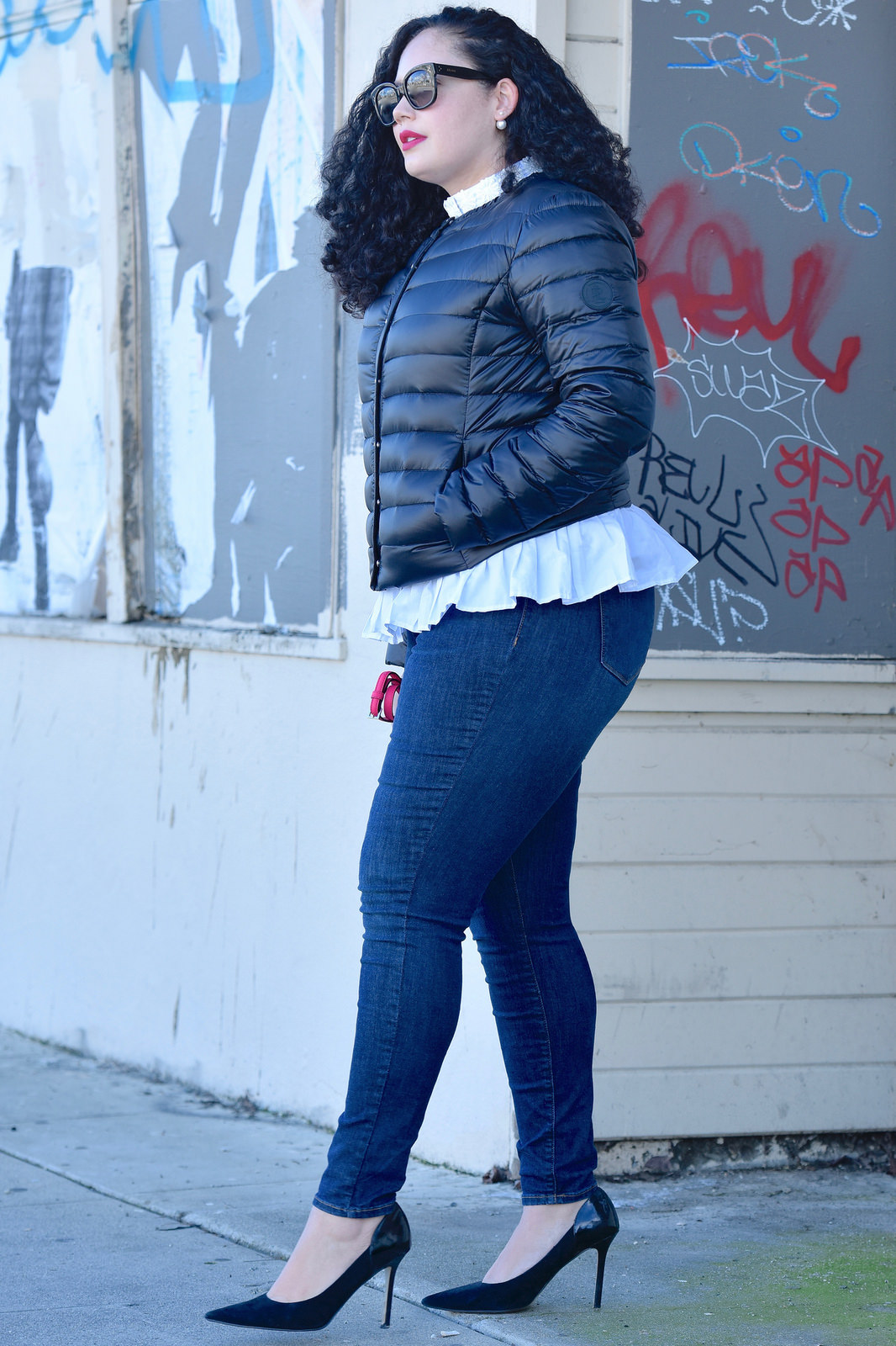 Featuring a puffer jacket from Ralph Lauren, Top from Eloquii, Rockstar Jeans from Old Navy, bag from Kate Spade, Lipstick from Mac, and shoes from Enzo Angiolini