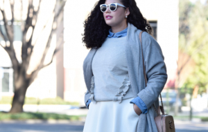 Girl With Curves featuring a grey trapeze coat from Asos, Chambray button down from Old Navy, Ruffle Sweater from Asos, White skirt from Asos and Chanel Bag.