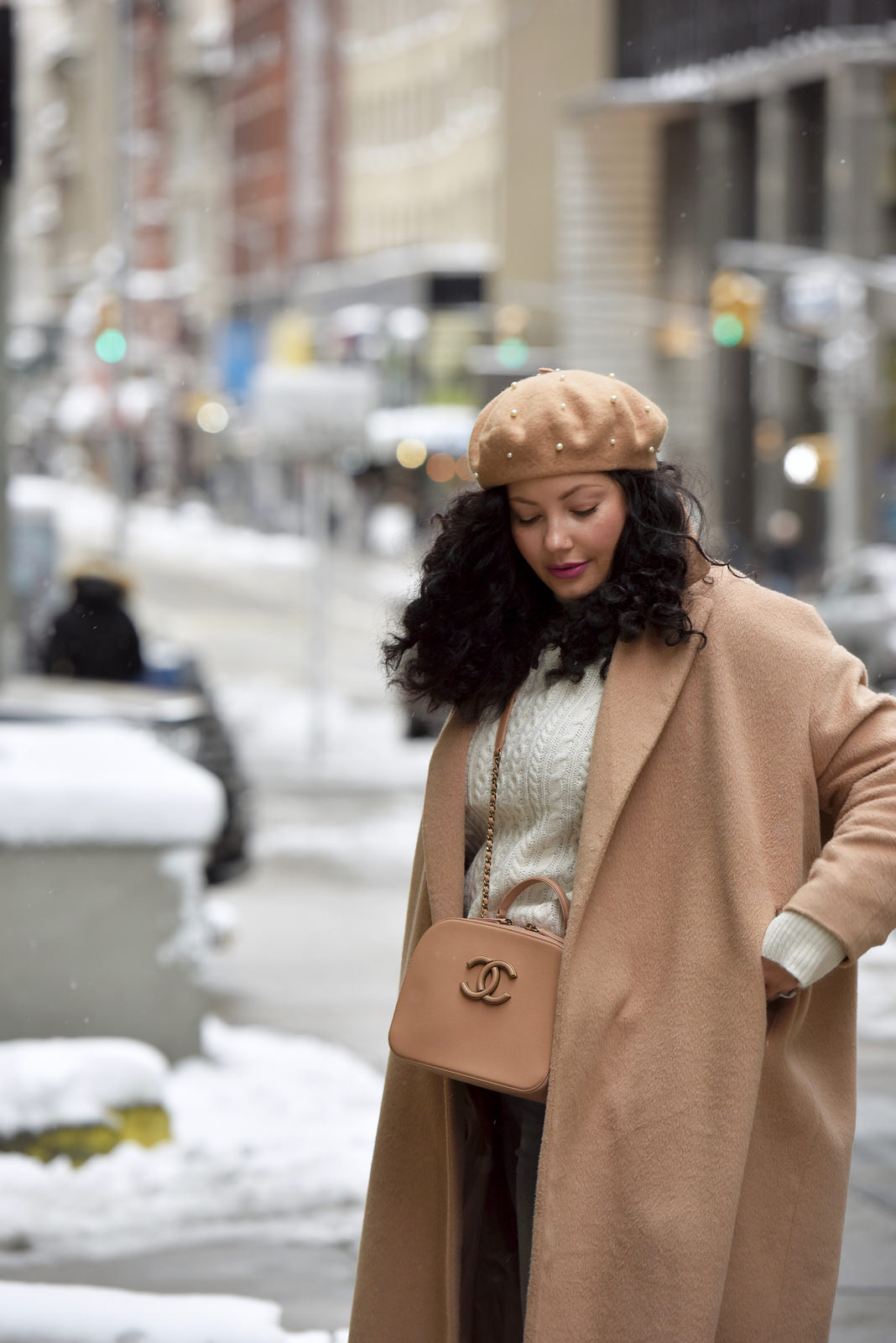 Girl with Curves featuring a pearl beret from nordstorm, camel coat from Asos, cream sweater from Asos, lipstick from sephora, and handbag from chanel