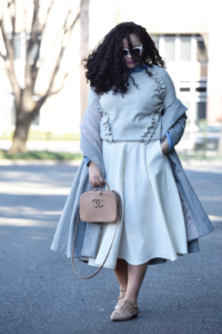Girl With Curves featuring a grey trapeze coat from Asos, chambray button down from Old Navy, Ruffle Sweater from Asos, White Midi Skirt from Asos, Flats from Sole Society and Chanel Bag.