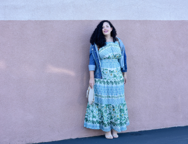 Plus size Dress by Eliza J, Bag from BCBG, Shoes by Nordstorm, Love Lorn Lipstick by Mac, and Denim Jacket via @girlwithcurves