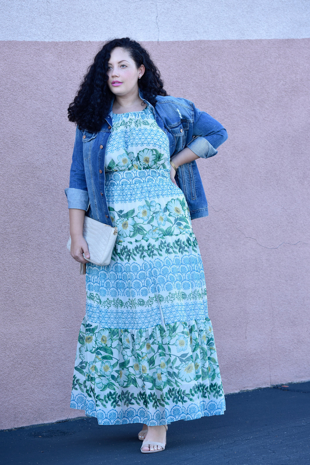 Plus size Maxi Dress by Eliza J, Bag from BCBG, Shoes by Nordstorm, Love Lorn Lipstick by Mac, and Denim Jacket via @girlwithcurves