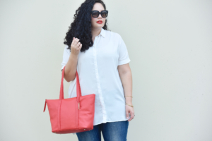 White Blouse, Distressed jeans from Old Navy and Vera Bradley tote bag via Girl With Curves.