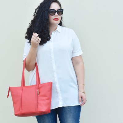 White Blouse, Distressed jeans from Old Navy and Vera Bradley tote bag via Girl With Curves.
