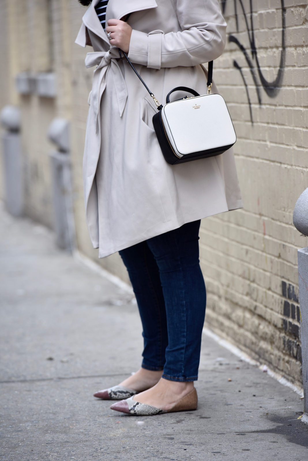 Girl With Curves featuring a trench coat from Asos, Kate Spade Casie and flats from j Crew.