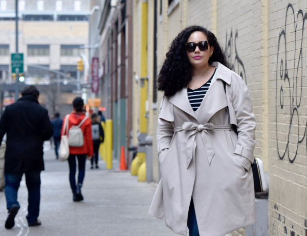 Girl With Curves featuring a trench coat and Celine sunglasses and in New York City.
