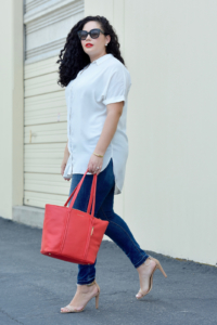 How to make simple outfits stand out with a statement tote in a bold color.