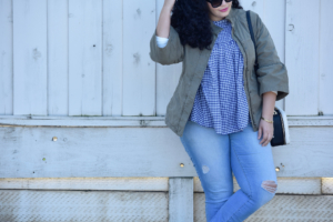How to make Gingham Wearable for Everyday via @GirlwithCurves. Featuring top from Asos, Jacket from Banana Republic, Jeans from Old Navy, Bag from Kate Spade, Lipstick from Sephora, and Sunglasses from Celine.