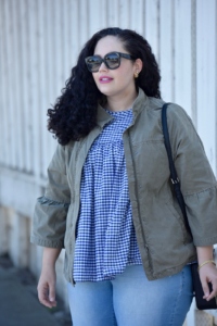 How to make Gingham Wearable for Everyday via @GirlwithCurves. Featuring top from Asos, Jacket from Banana Republic, Jeans from Old Navy, Bag from Kate Spade, Lipstick from Sephora, and Sunglasses from Celine.