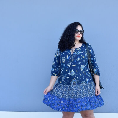 Girl With Curves featuring a Mixed Print Dress (plus size), Suede Booties, Coach Bag for fall.